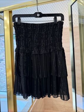 Black Smocked Tiered Mini Skirt with Metallic Stripes